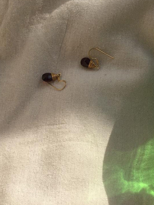 uyam - Garnet Almond Drop wire wrapped Earrings