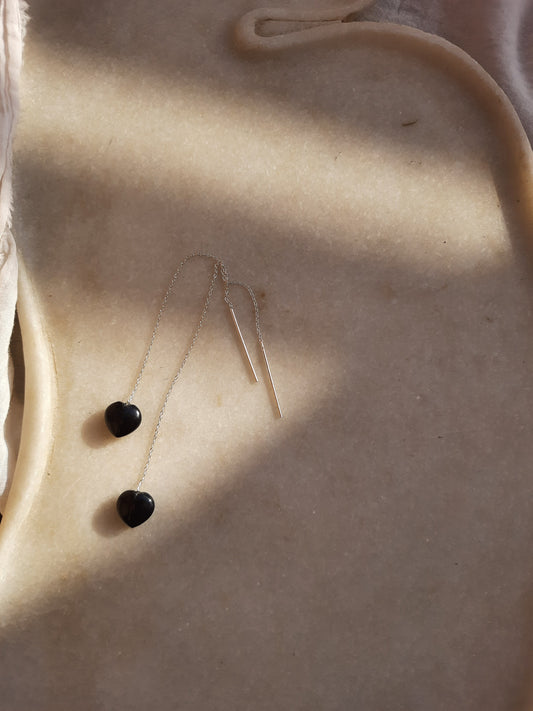 adyati - Black Onyx Heart Threader Earrings